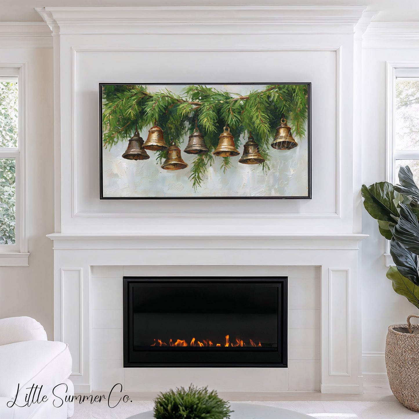 Hanging Bells Pine Garland Frame TV Art displayed on a TV