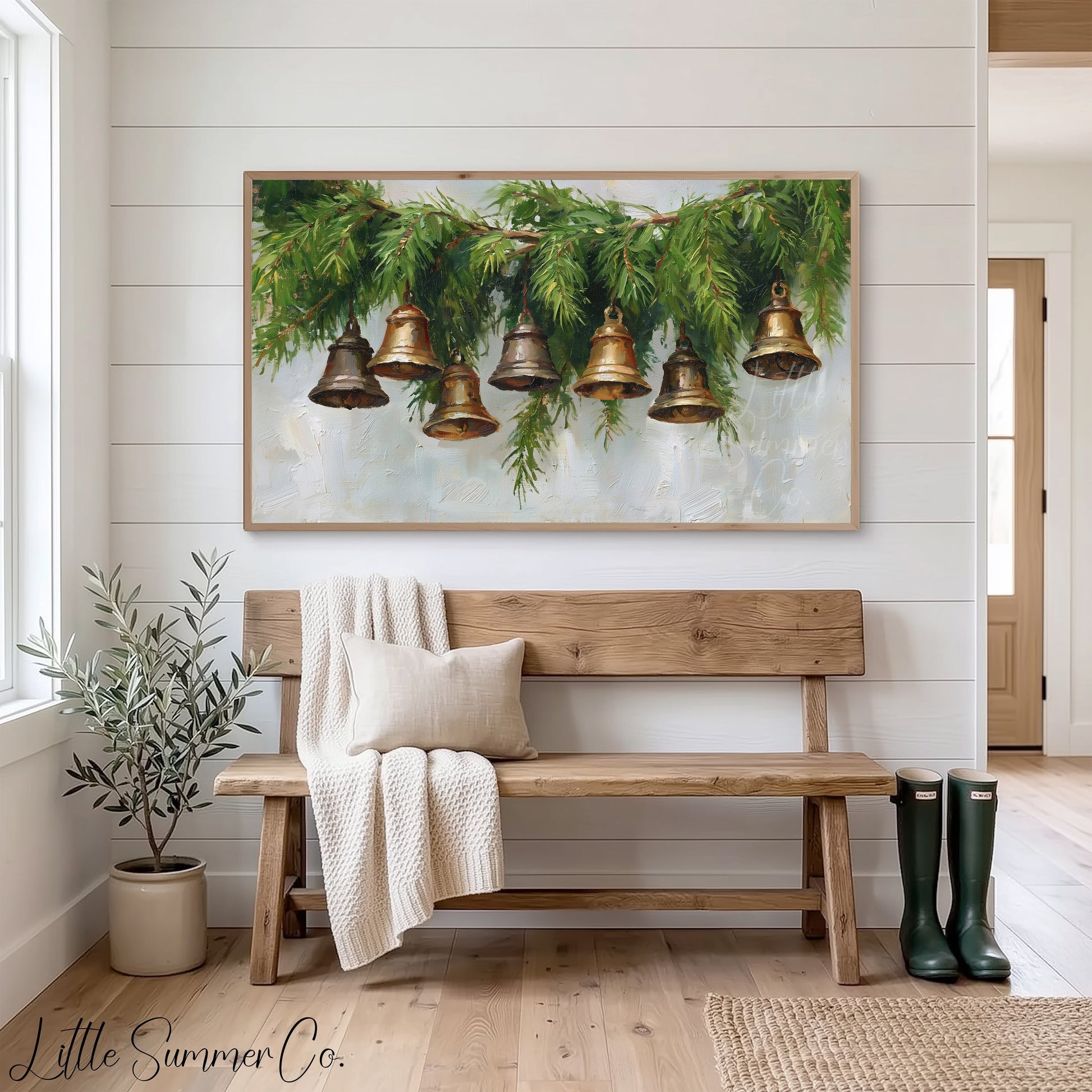 Hanging Bells Pine Garland Frame TV Art displayed on a TV