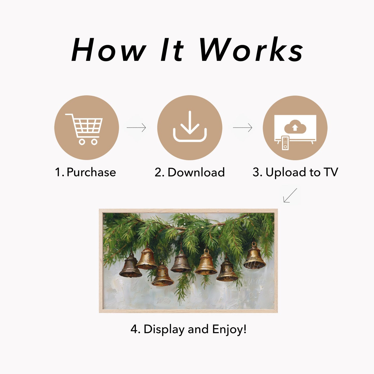 Hanging Bells Pine Garland Frame TV Art displayed on a TV