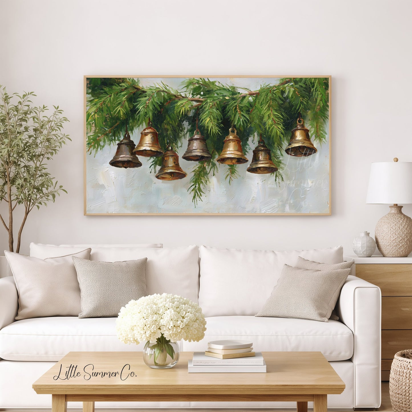 Hanging Bells Pine Garland Frame TV Art displayed on a TV