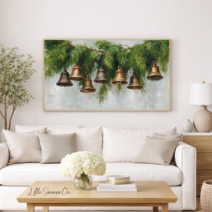 Hanging Bells Pine Garland Frame TV Art displayed on a TV