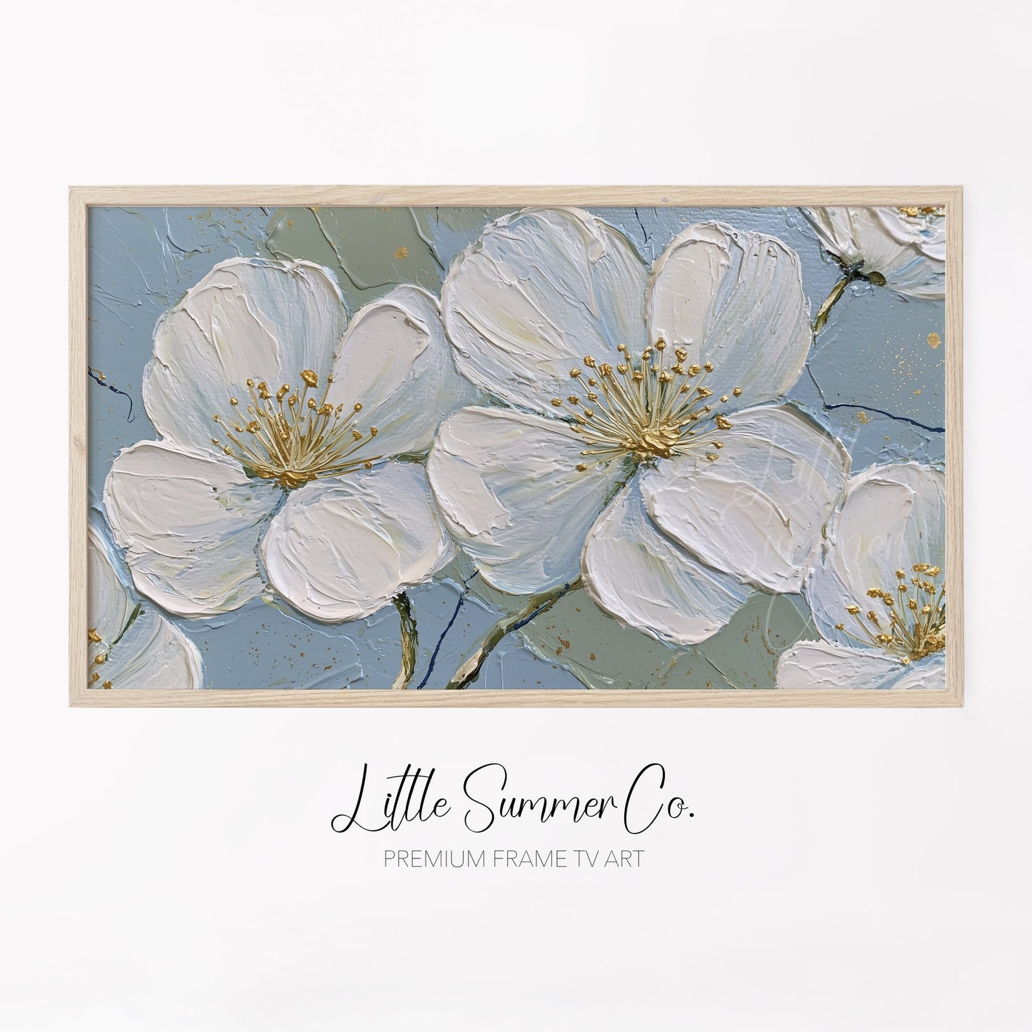 White Blossom Flowers Frame TV Art displayed on a TV
