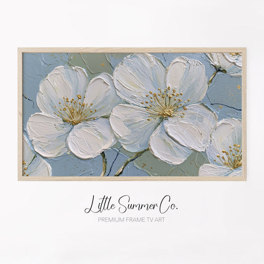 White Blossom Flowers Frame TV Art displayed on a TV