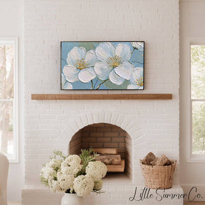 White Blossom Flowers Frame TV Art displayed on a TV