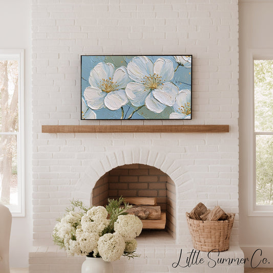 White Blossom Flowers Frame TV Art displayed on a TV