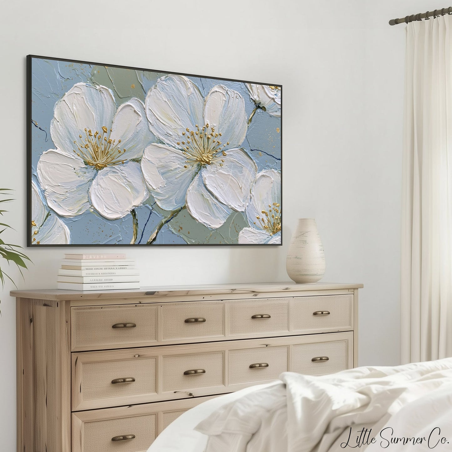 White Blossom Flowers Frame TV Art displayed on a TV
