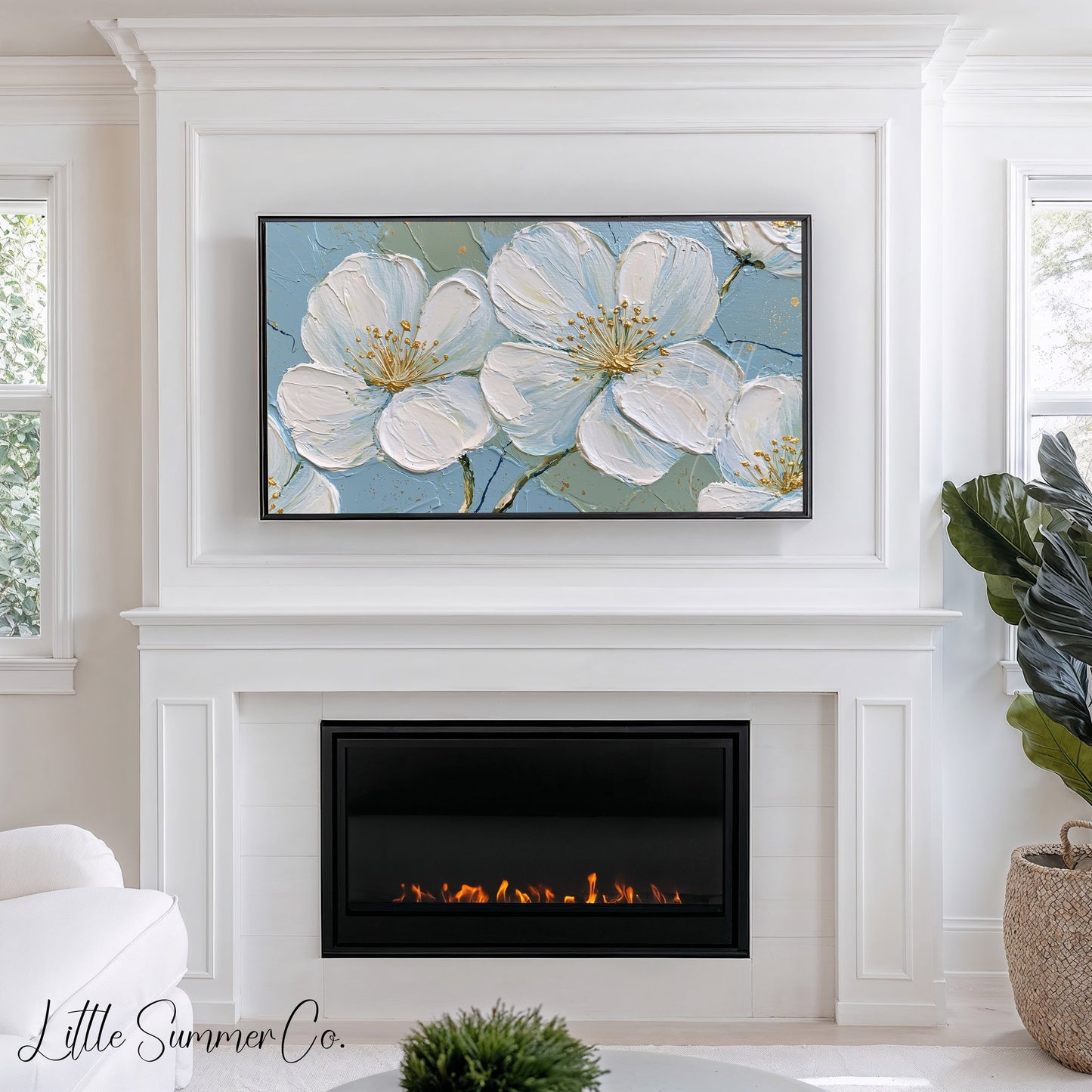 White Blossom Flowers Frame TV Art displayed on a TV