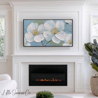 White Blossom Flowers Frame TV Art displayed on a TV