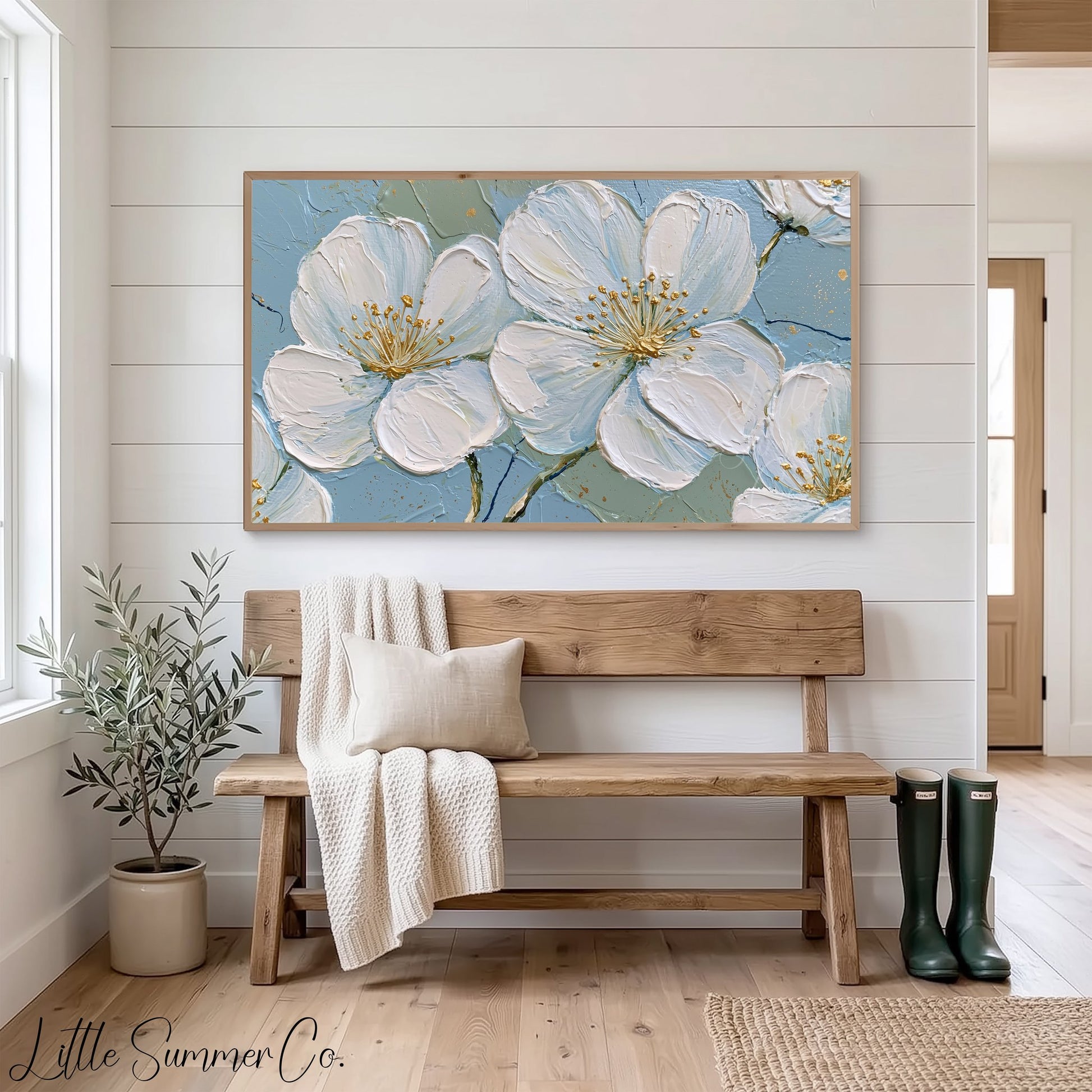 White Blossom Flowers Frame TV Art displayed on a TV