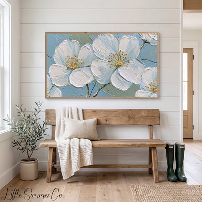White Blossom Flowers Frame TV Art displayed on a TV