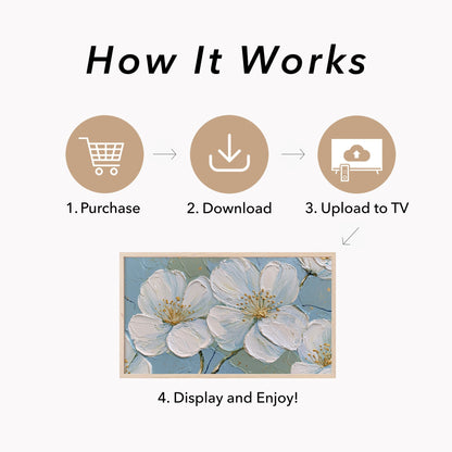 White Blossom Flowers Frame TV Art displayed on a TV
