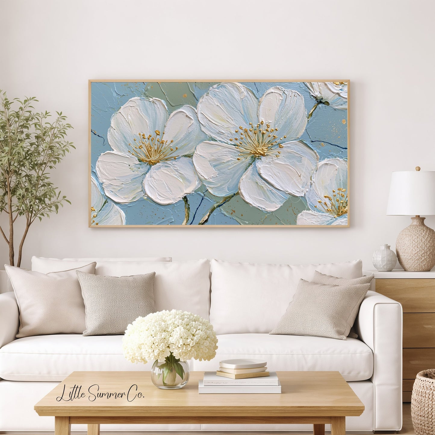 White Blossom Flowers Frame TV Art displayed on a TV