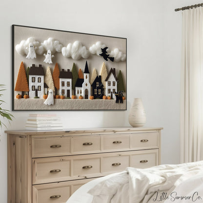 Halloween Village Ghosts Frame TV Art displayed on a TV