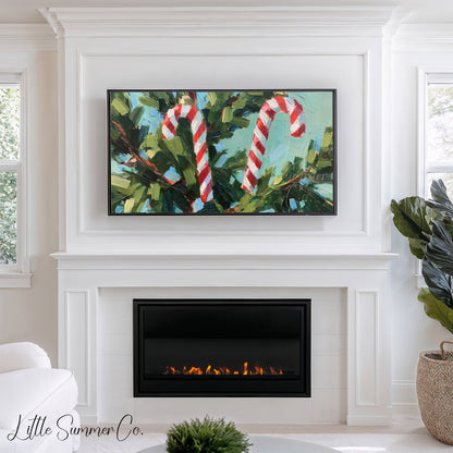 Candy Cane Branches Frame TV Art displayed on a TV