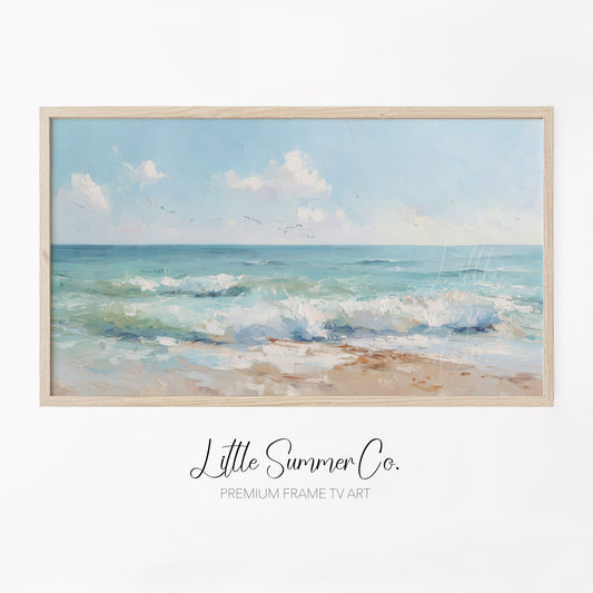Turquoise Shoreline Waves Frame TV Art displayed on a TV
