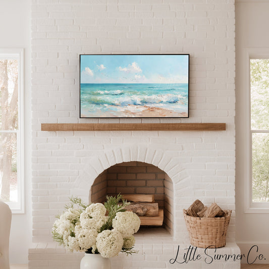 Turquoise Shoreline Waves Frame TV Art displayed on a TV