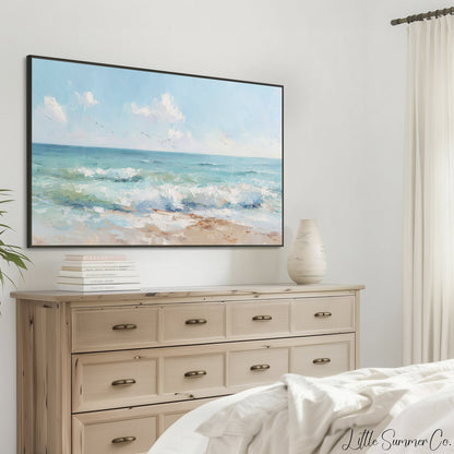 Turquoise Shoreline Waves Frame TV Art displayed on a TV