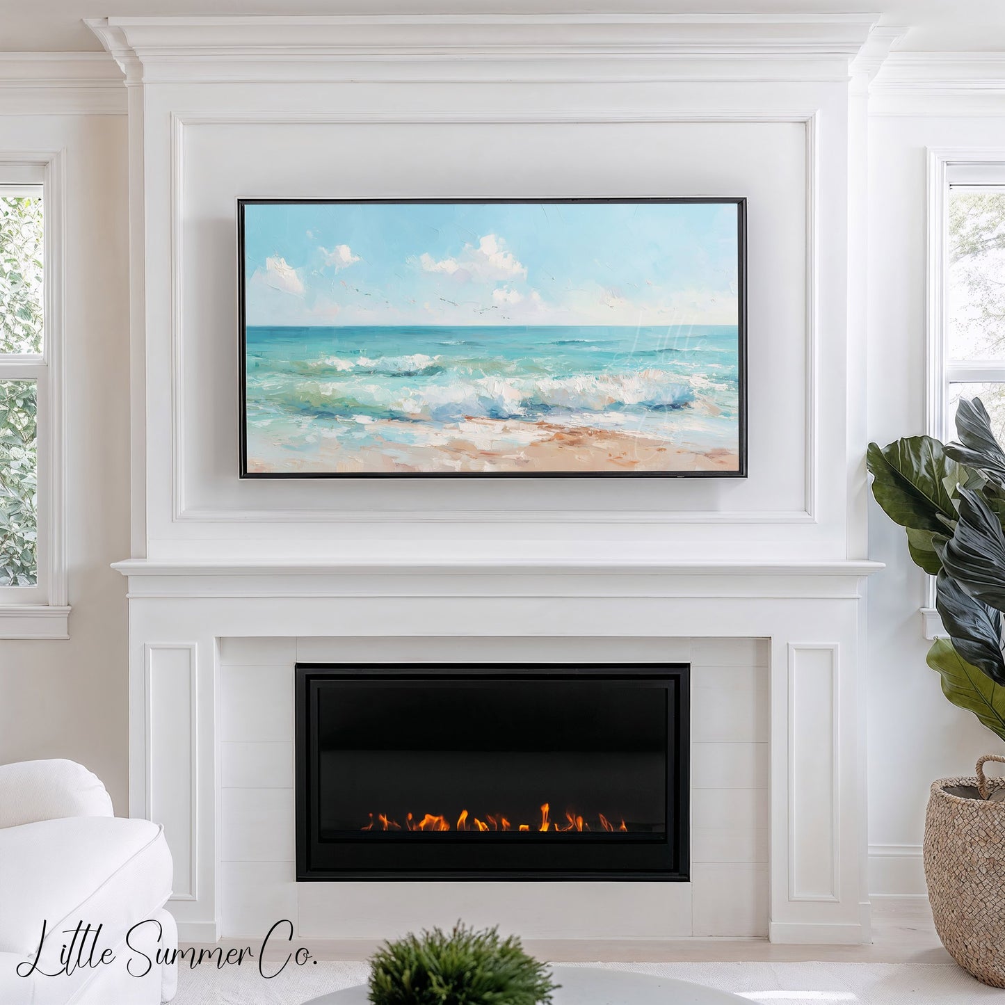 Turquoise Shoreline Waves Frame TV Art displayed on a TV