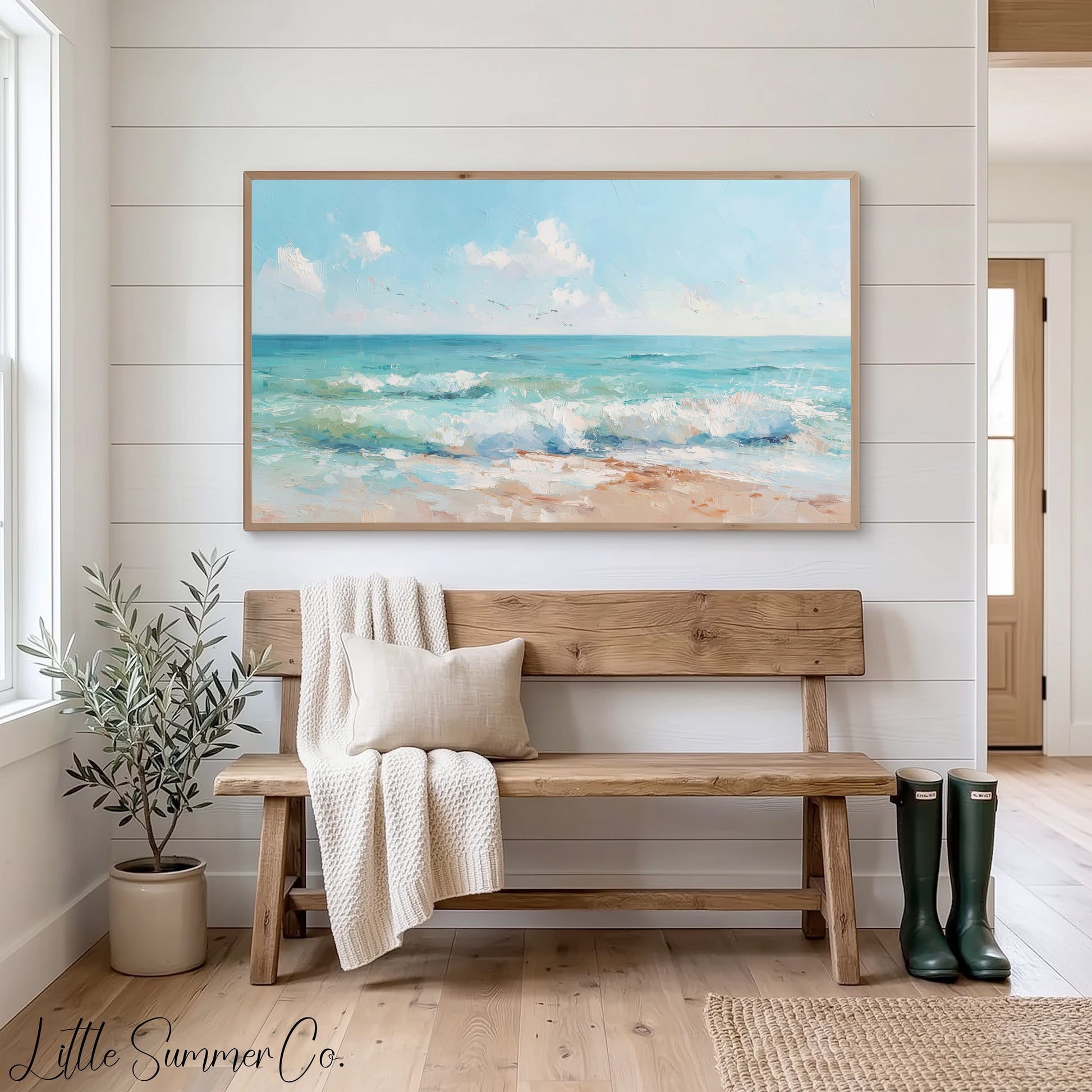 Turquoise Shoreline Waves Frame TV Art displayed on a TV