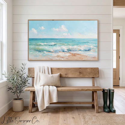 Turquoise Shoreline Waves Frame TV Art displayed on a TV