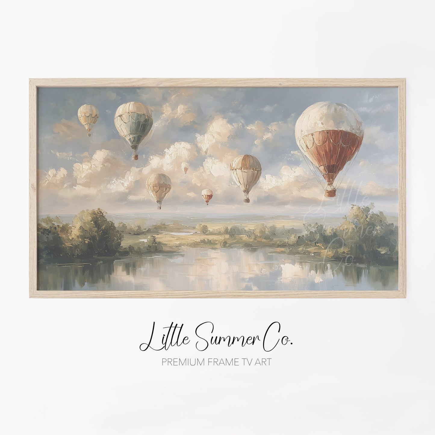 Hot Air Balloons Over Lake Frame TV Art displayed on a TV
