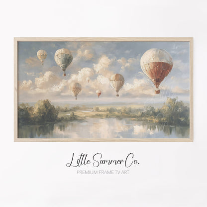 Hot Air Balloons Over Lake Frame TV Art displayed on a TV