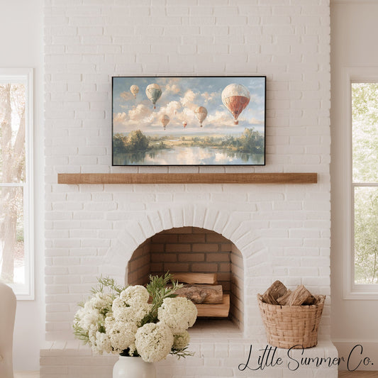 Hot Air Balloons Over Lake Frame TV Art displayed on a TV