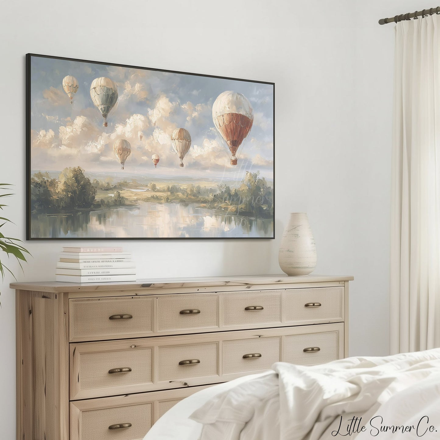 Hot Air Balloons Over Lake Frame TV Art displayed on a TV