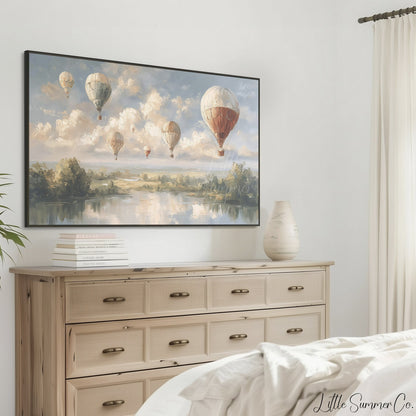 Hot Air Balloons Over Lake Frame TV Art displayed on a TV