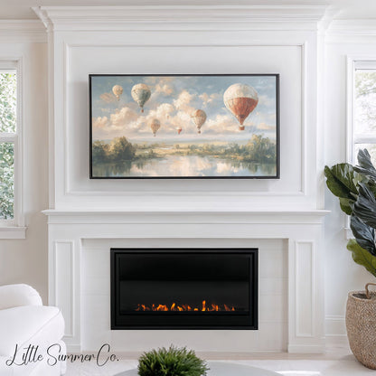 Hot Air Balloons Over Lake Frame TV Art displayed on a TV
