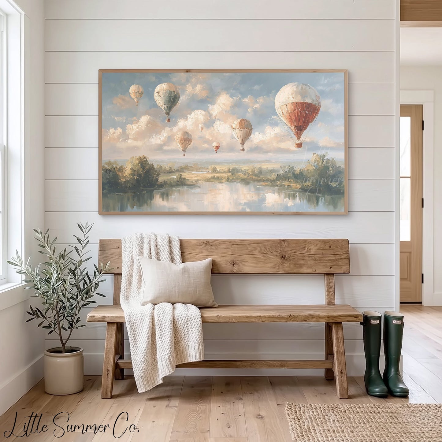 Hot Air Balloons Over Lake Frame TV Art displayed on a TV