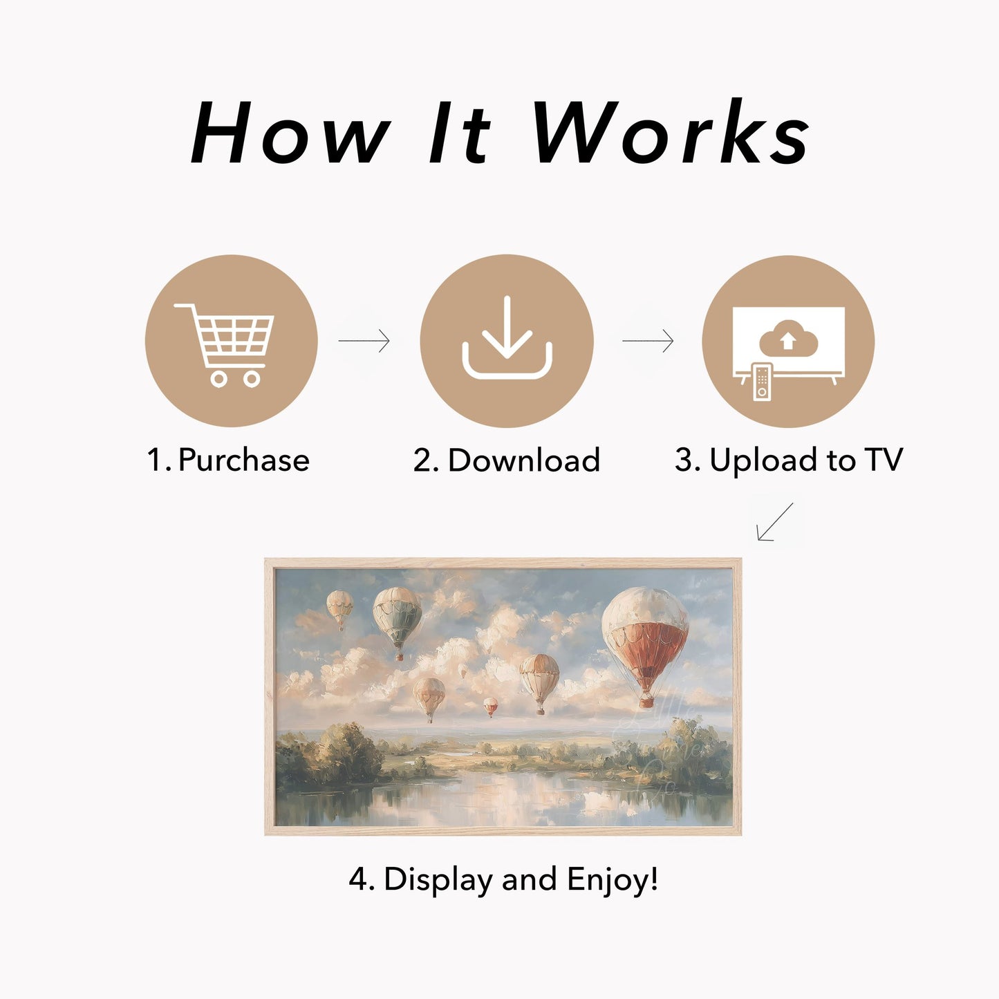 Hot Air Balloons Over Lake Frame TV Art displayed on a TV