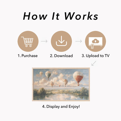 Hot Air Balloons Over Lake Frame TV Art displayed on a TV