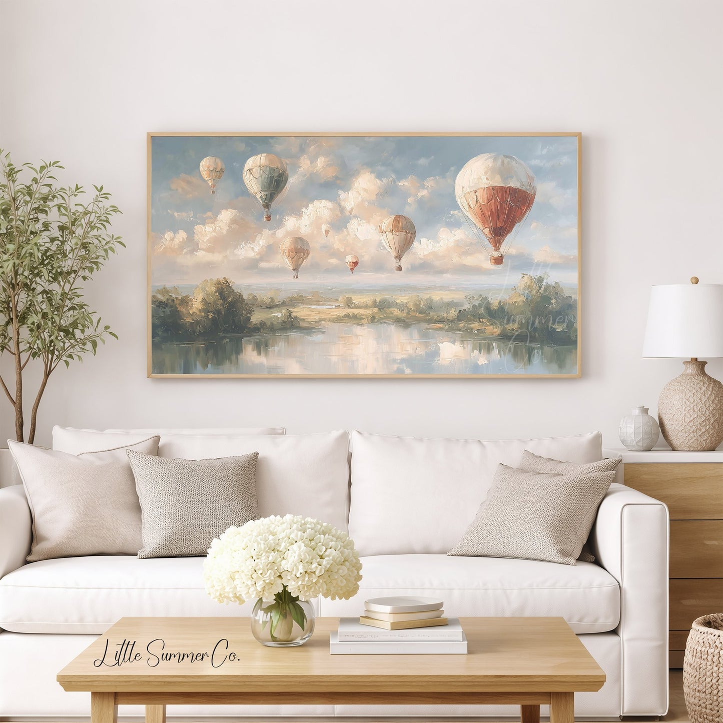 Hot Air Balloons Over Lake Frame TV Art displayed on a TV