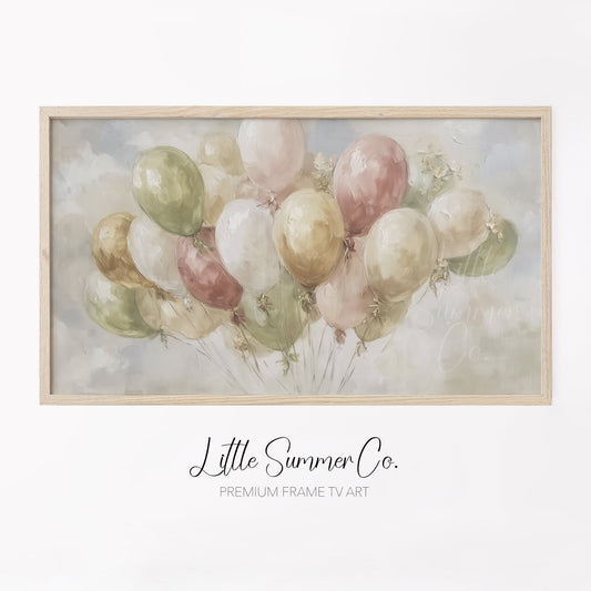 Pastel Party Balloons Frame TV Art displayed on a TV