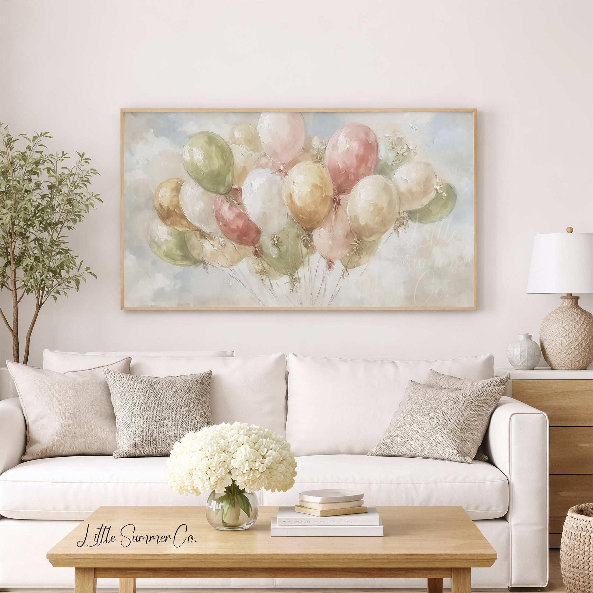 Pastel Party Balloons Frame TV Art displayed on a TV