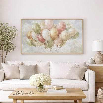 Pastel Party Balloons Frame TV Art displayed on a TV