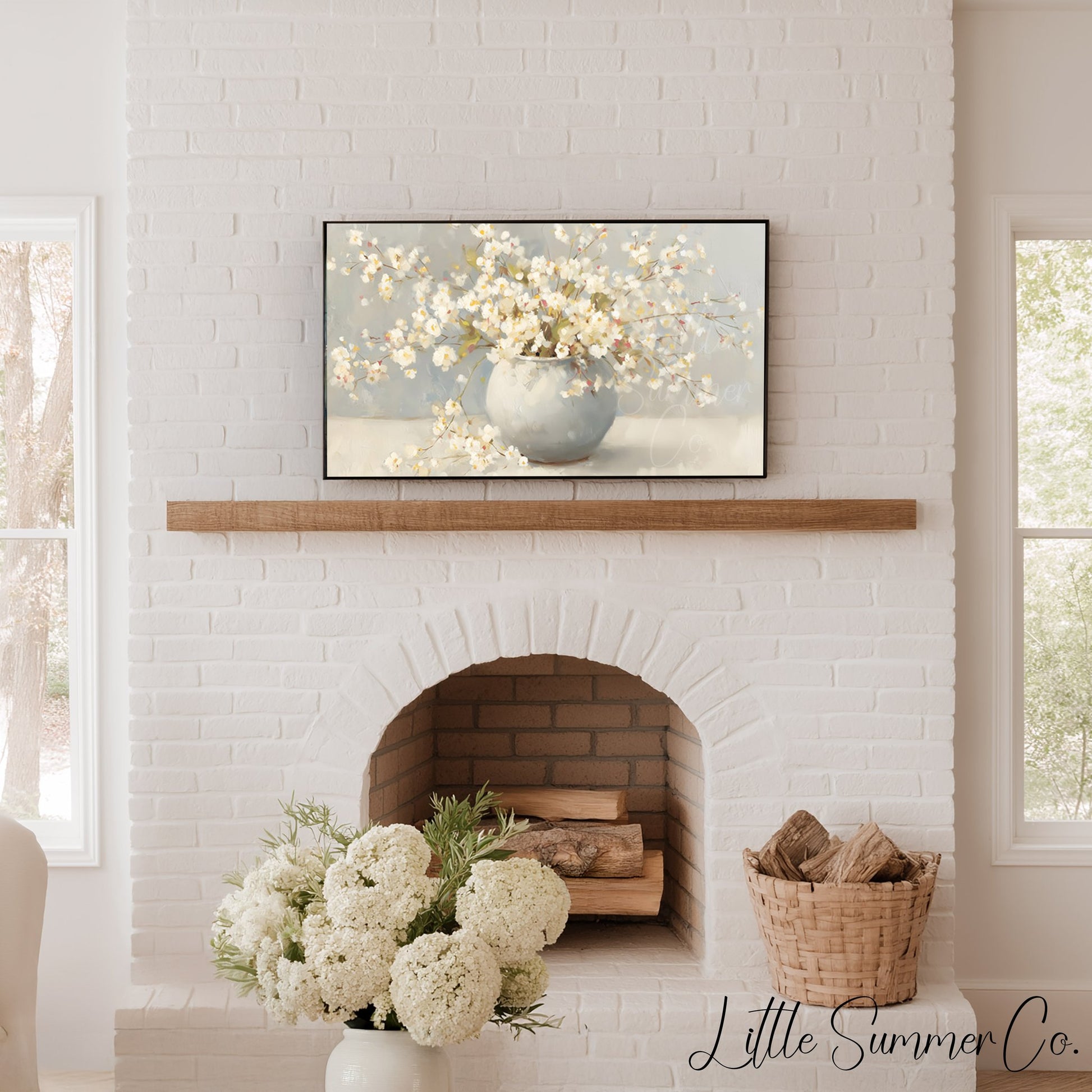 White Cherry Blossoms In Round Vase Frame TV Art displayed on a TV