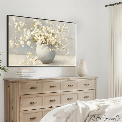 White Cherry Blossoms In Round Vase Frame TV Art displayed on a TV