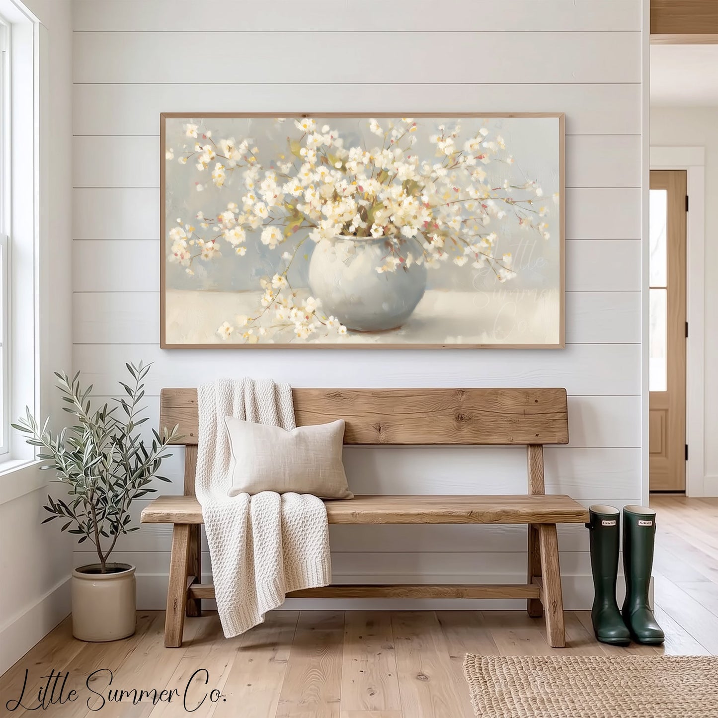 White Cherry Blossoms In Round Vase Frame TV Art displayed on a TV