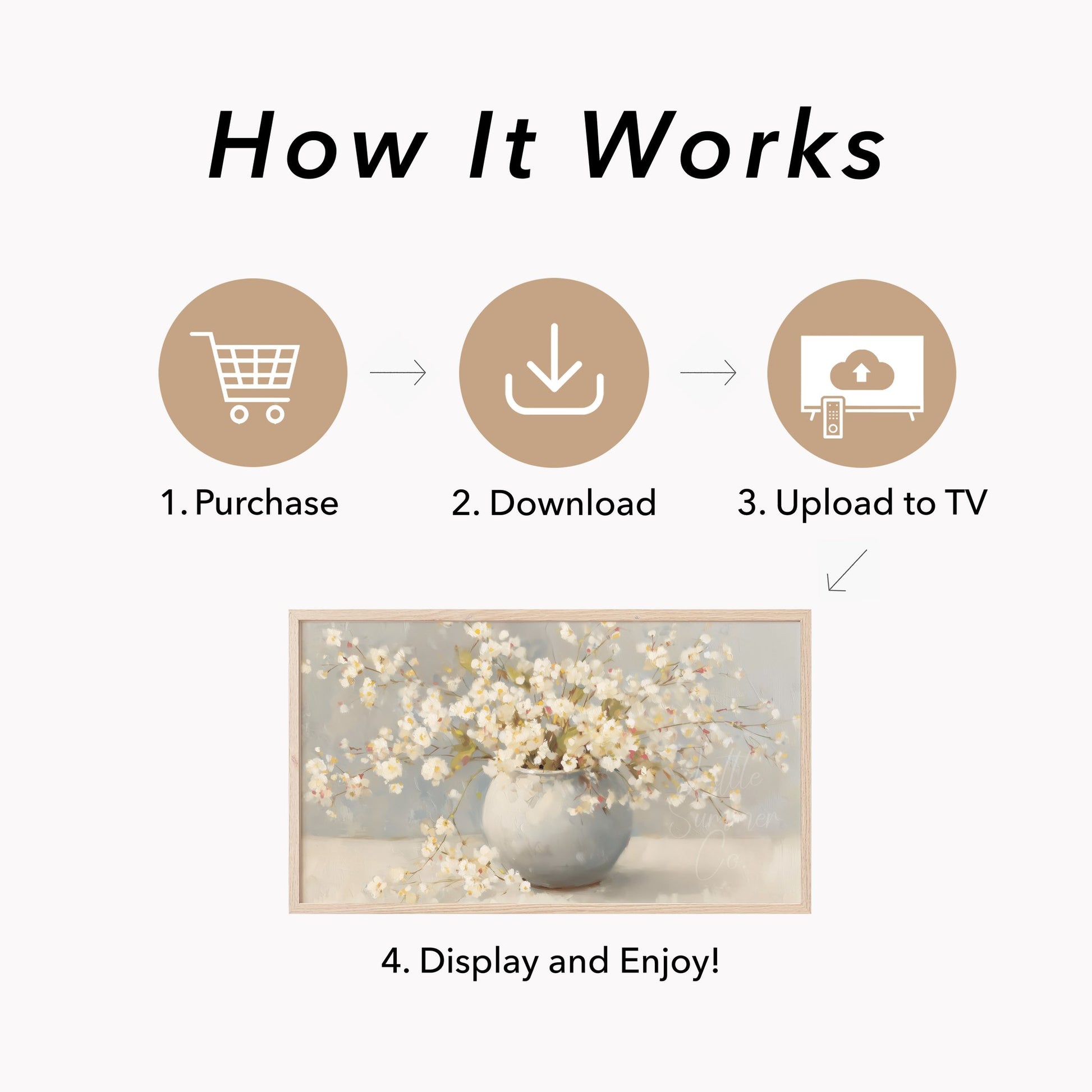 White Cherry Blossoms In Round Vase Frame TV Art displayed on a TV