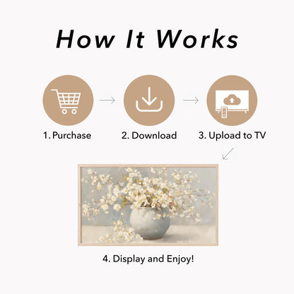White Cherry Blossoms In Round Vase Frame TV Art displayed on a TV