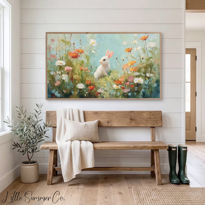 Flower Bunny Frame TV Art displayed on a TV
