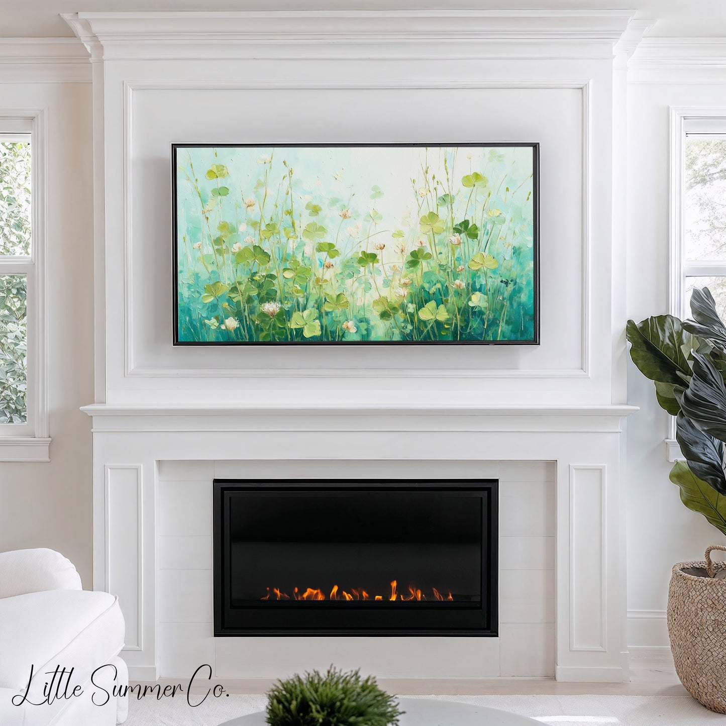 White Clover Blooms Meadow Frame TV Art displayed on a TV