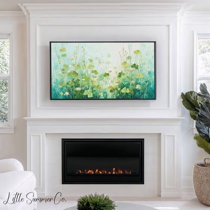 White Clover Blooms Meadow Frame TV Art displayed on a TV