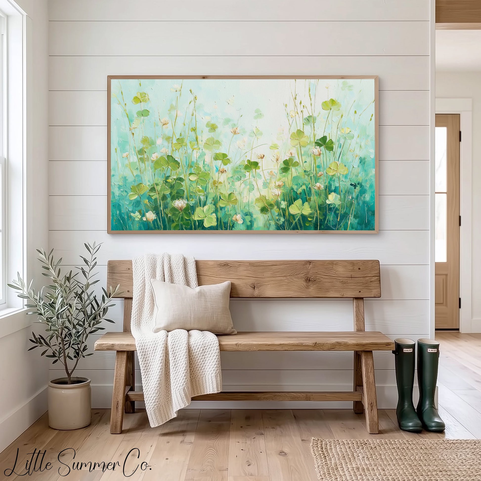 White Clover Blooms Meadow Frame TV Art displayed on a TV