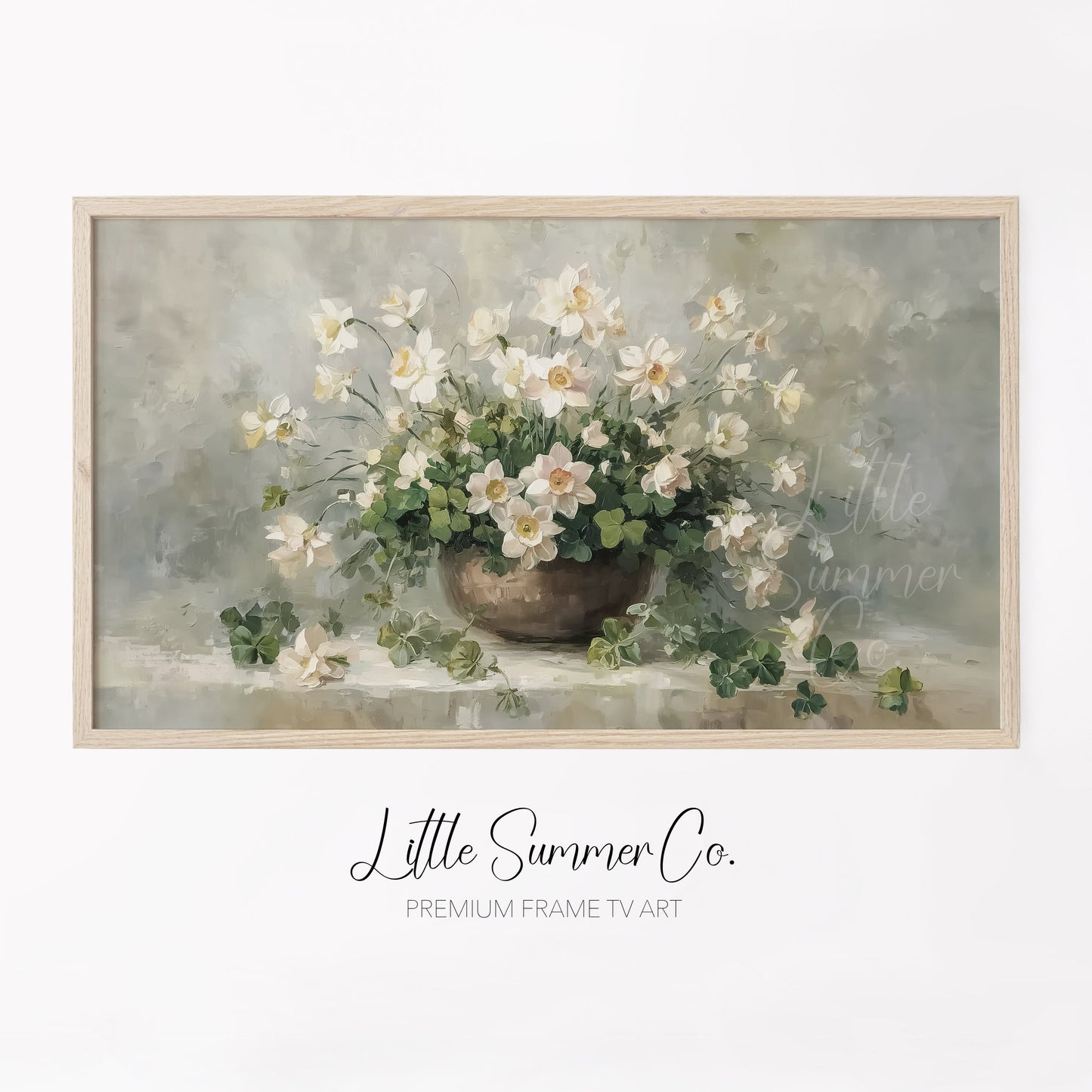Shamrocks And White Flowers Frame TV Art displayed on a TV