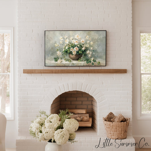 Shamrocks And White Flowers Frame TV Art displayed on a TV