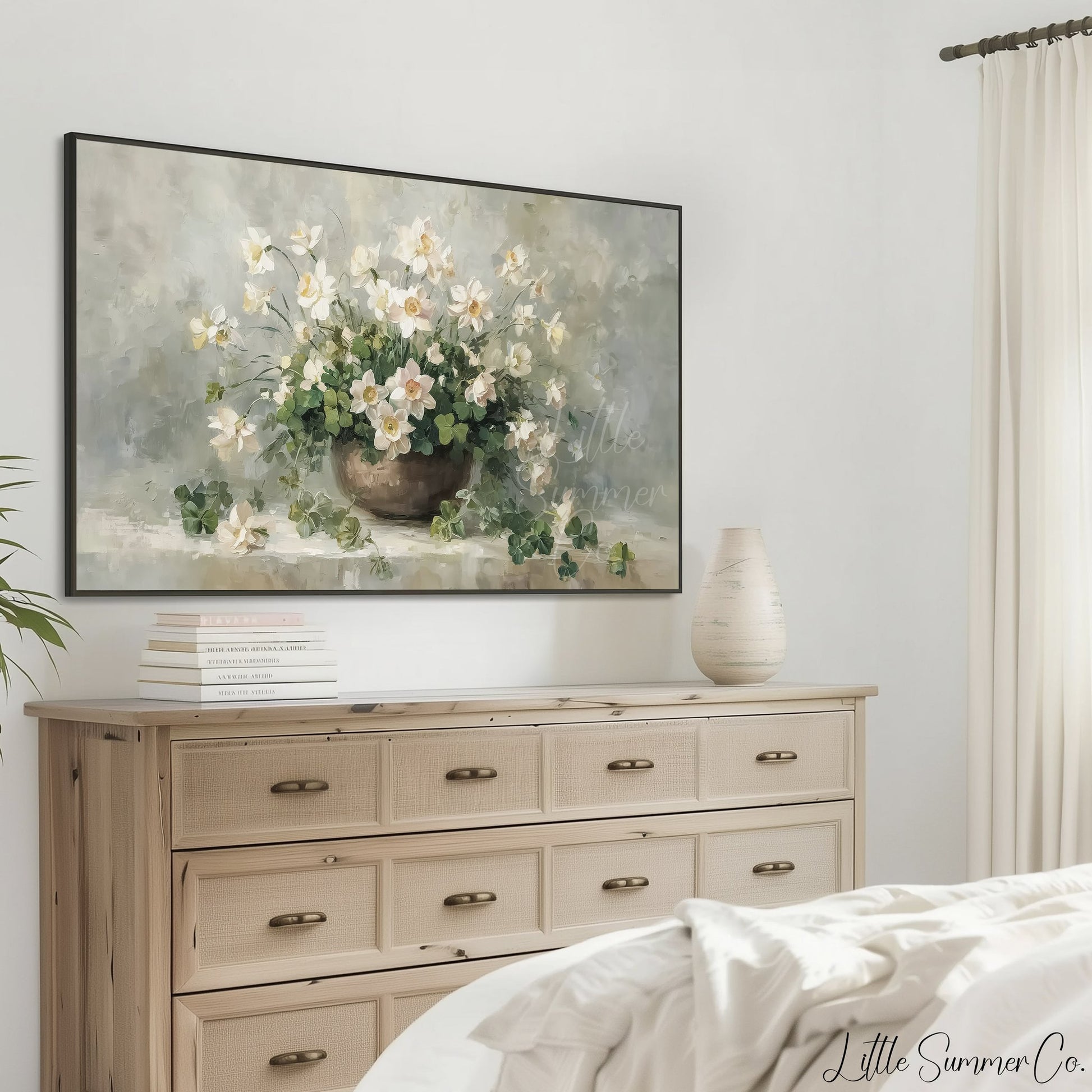 Shamrocks And White Flowers Frame TV Art displayed on a TV