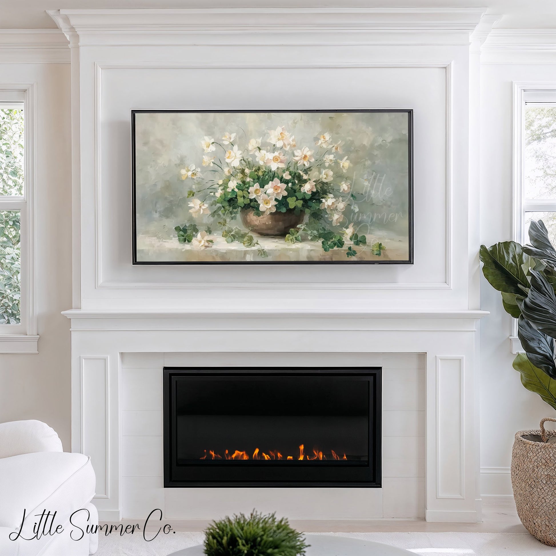 Shamrocks And White Flowers Frame TV Art displayed on a TV